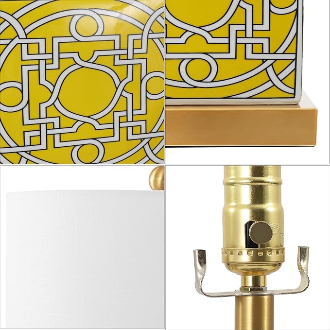 JONATHAN Y JYL3044C Catherine 22" Modern Transitional Ceramic/Metal Square Ginger Jar LED Table Lamp, Yellow/White for Bedroom, Living Room, Office, College