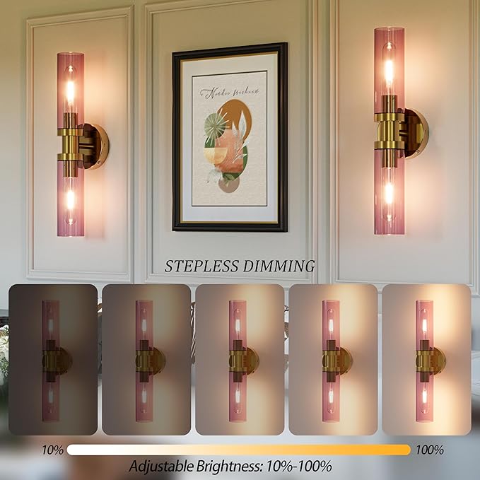 Rechargeable Battery Wall Sconce Set of Two, 8000mAh Cordless, Dimmable, Timer, Remote, Touch Control, USB-C Charging for Living Room, Bedroom Gold with Wine Red Lampshade (Include 4 Special Bulbs)
