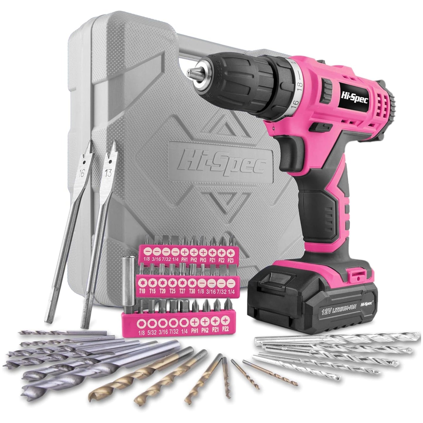 Hi-Spec 50pc 12V Pink Electric Cordless Power Drill Driver. in a Carry Case with Rechargeable Battery, Power Screwdriver Bits, Wood, Metal, and Masonry Drill Bit Set Accessories