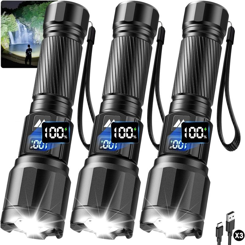 Rechargeable Flashlights - High Lumens LED Tactical Flashlight with LCD Power Display | Zoomable, 15H+ Runtime, IP65 Waterproof for Home & Camping