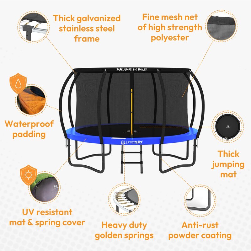 JUMPZYLLA Trampoline Outdoor 8FT 10FT 12FT 14FT 15FT 16FT with Enclosure and Ladder, ASTM Approved Recreational Trampoline for Kids and Adults, Anti-Rust Coated Frame (Blue, 15FT)