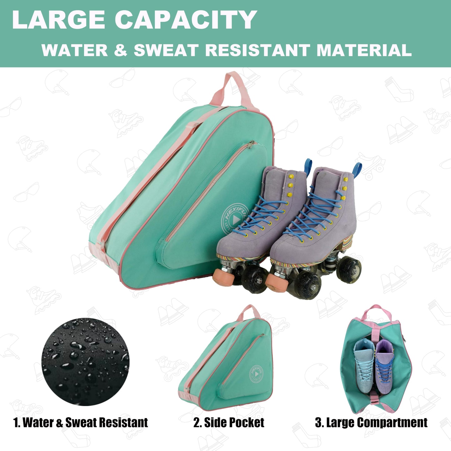 HEXIFUL Skate Bag to Carry Ice Skates, Inline Skates, Roller Skates and Quad Skates for Both Kids and Adults (Mint/Pink)