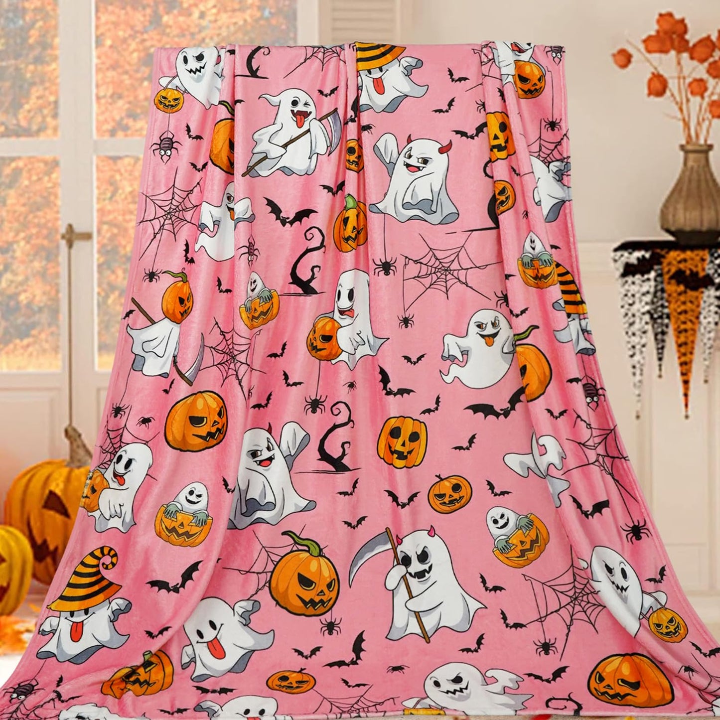 pahhjsa Pink Halloween Throw Blanket 50"x60", Cute Ghost Blanket for Girls Kids Soft Flannel Fleece Halloween Blankets and Throws Decor