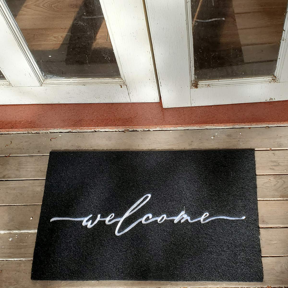 AAZZKANG Welcome Mat Outdoor Indoor Front Door Mats with Non Slip Rubber Back Easy to Clean Low Profile Entrance Doormat for Porch Home Office Patio Living Room High Traffic Areas Black