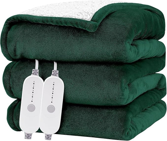 HYLEORY Heated Electric Blanket Queen 84"x90" Soft Fleece & Flannel with 5 Heating Levels & 10 Hours Timer Auto Shutt Off, ETL Certified, Washable，Heated Blanket for Body-Dark Green