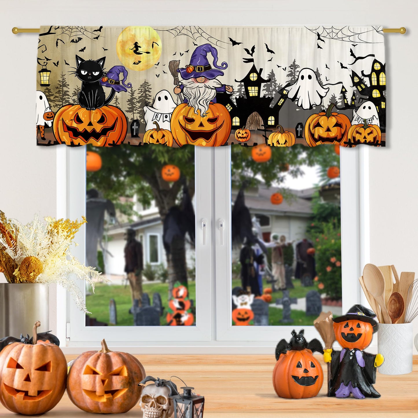 FUTBU Halloween Valance Curtain for Kitchen-Halloween Decorations Window Valance for Living Room Bedroom Scroll -Pumpkin Black Cat Ghost Decor Rod Pocket Valances-Window Treatment Valance 18"X54"
