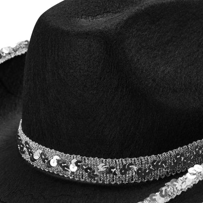 Juaugusep Western Cowboy Costume Set Bandana Wide Brim Western Style Sequins Cowgirl Hats & Tassel Scarf 2PCS Set for Party (Black Sequin, 2Pcs)