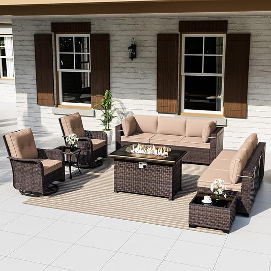 ALAULM 11 Pieces Patio Furniture Set with 2 Swivel Chairs Patio Furniture Outdoor Sectional Sofas with 55000 Gas Fire Pit Patio Conversation Set w/8 Cushions-Sand
