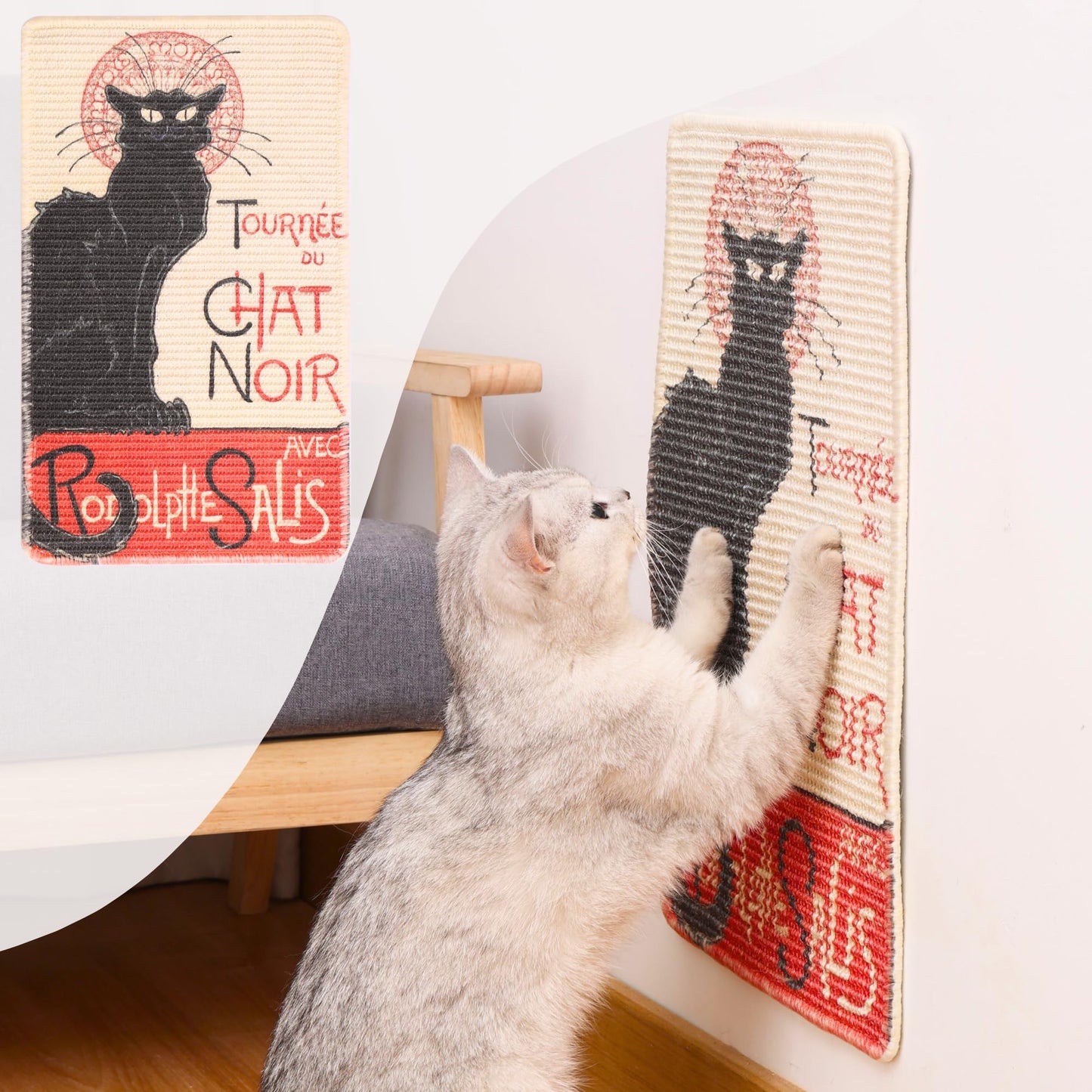 Furrther Sisal Cat Scratcher Mat (Use on Wall, Couch and Carpet), Durable and Shedding-Resistant Cat Scratching Surface - 21.7x13 inch with Adhesives and Twist Pins (The Black Cat Vintage Poster)