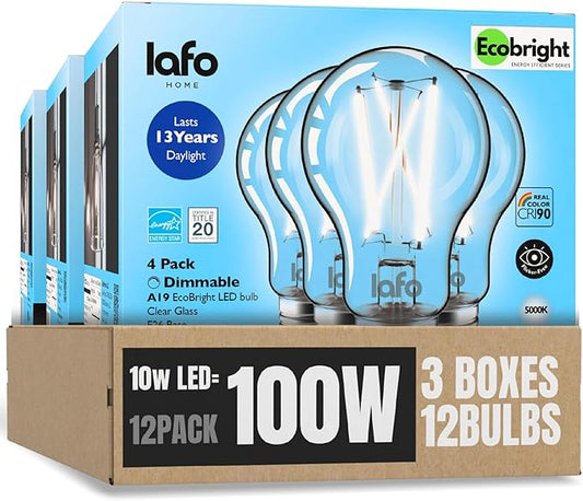 EcoBright 12PK Dimmable A19 LED Filament Bulb, 10W (100W Equivalent), E26 Base, 1100 Lumens, CRI90+, Flicker-Free Clear Glass, Energy Star Title 20, Daylight 5000K