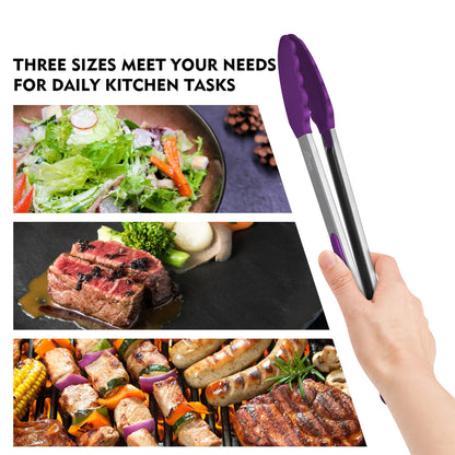 HOTEC Premium Stainless Steel Locking Kitchen Tongs with Silicon Tips, Set of 3-7", 9" and 12" (Purple)