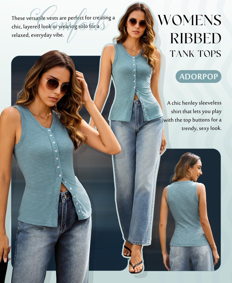 ADORPOP Ribbed Tank Tops for Women - Sleeveless Blouse Crew Neck Button Down Vest Shirts Slim Fit Summer Casual Basic Top Blue Medium