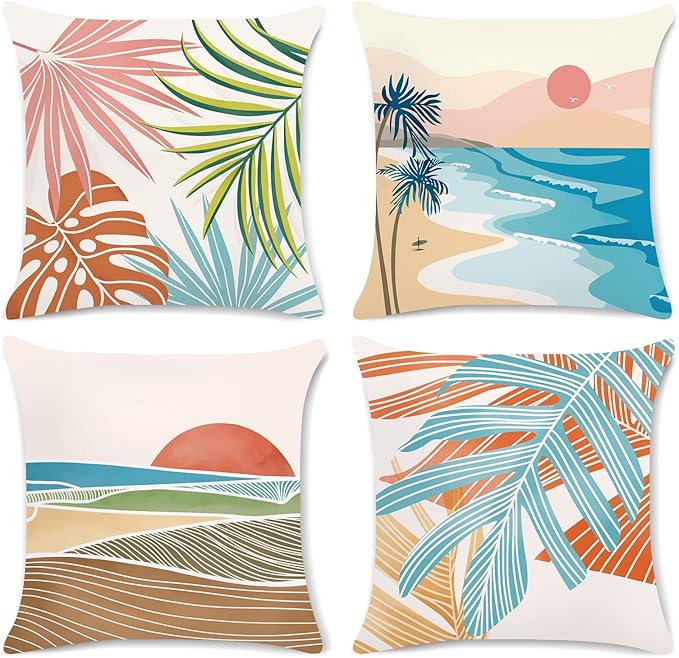 Bonhause Modern Tropical Hawaii Pillow Covers 20x20 Inch Set of 4 Outdoor Palm Leaves Decorative Pillows Case Soft Velvet Tropical Decoration for Patio Garden Bed Home Decor