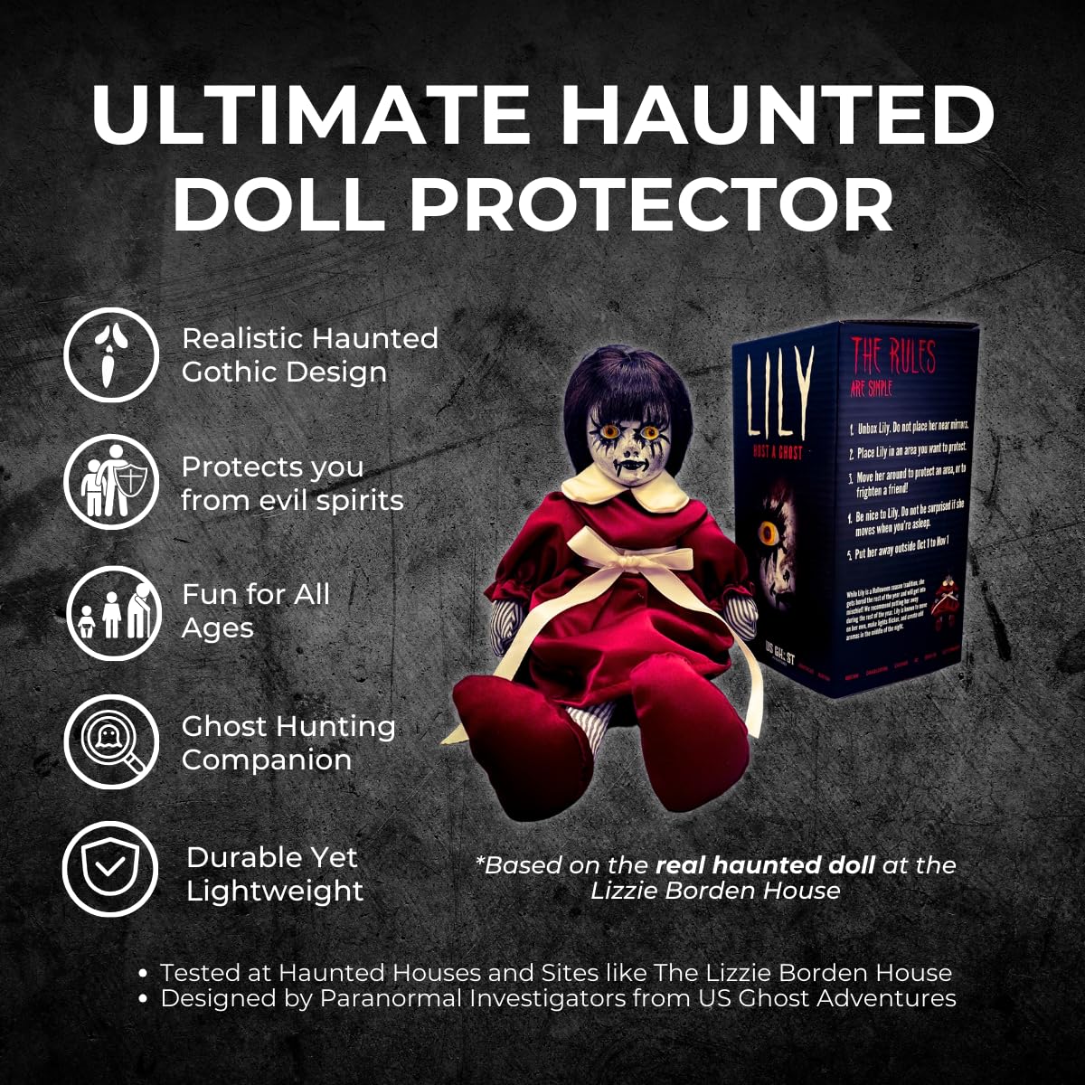 Lily: Host a Ghost – 13" Creepy Haunted Doll for Protection from Ghosts. Lizzie Borden House Scary Doll for Halloween and True Crime Collectors