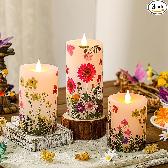 Baquler 3 Pcs Floral Wildflower Pillar Candles Flameless LED Candle Battery Operated Pressed Flower Flickering Candlestick for Wedding Summer Home Table Centerpiece Nature Inspired Party Decoration