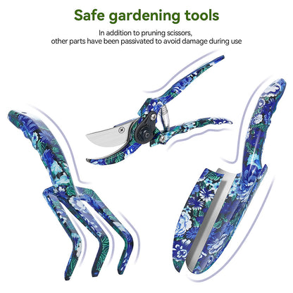 FLORA GUARD 3 Piece Aluminum Garden Tool Set with Blue Print - Trowel, Cultivator, Pruning Shear, Set for Gardening Needs (Blue)