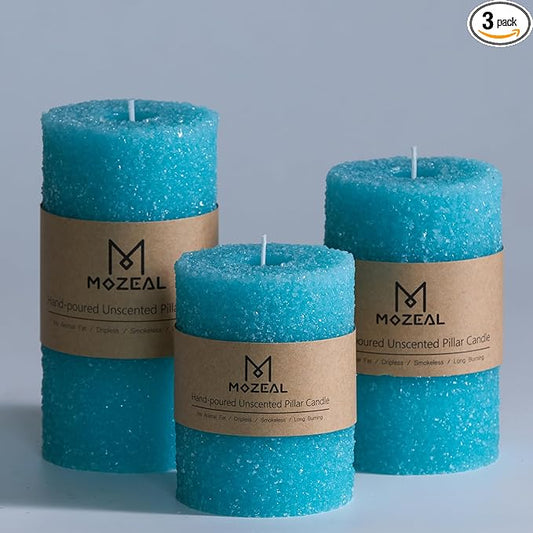 MOZEAL Hand-Poured Granular Texture Decorative Turquoise Pillar Candles Set of 3 (3"x4", 5", 6"), Dripless, Unscented, Smokeless, for Coastal Style, Summer Patio & Boho Beach House Décor