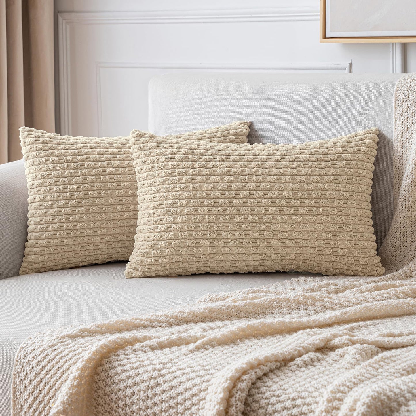 MIULEE Pack of 2 Decorative Throw Pillow Covers 18x18 Inch Soft Boho Striped Textured Corduroy Pillow Covers Modern Farmhouse Home Decor for Couch Bed Sofa Living Room Cream White