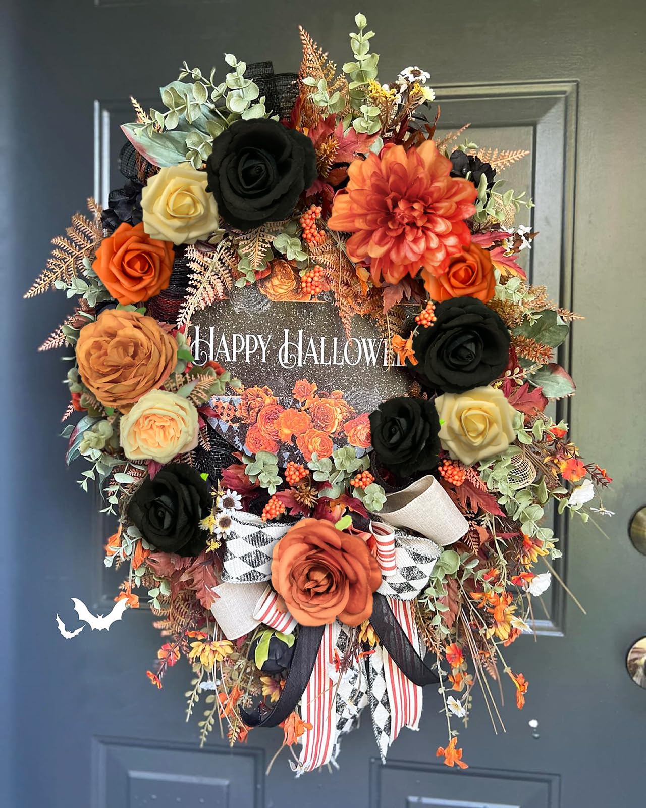 FACINOC Roses Artificial Flowers Fall Orange Black Bouquet Box Set for DIY Halloween Wreath Autumn Wedding Bridal Shower Decorations Party Table Centerpieces Fake Floral Arrangement Home Decor Indoor