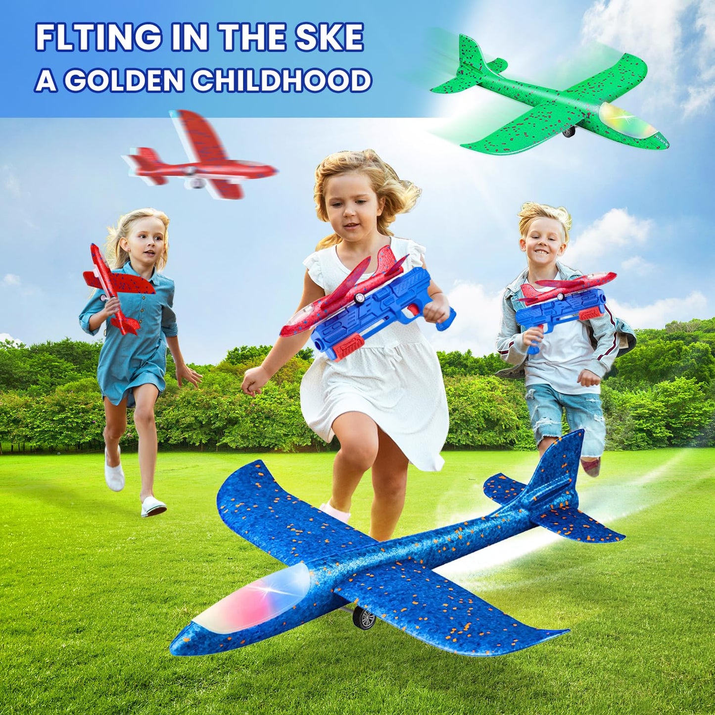 Neoot Toy Airplane, 3 Pack Airplane Launcher Toy 2 Flight Mode Glider LED Foam Glider Plane Outdoor Toys for Kids Ages 3 4 5 6 7 8 9 10 11 12 Year Old Boys Birthday Gift, Educational Flying Kids Toys