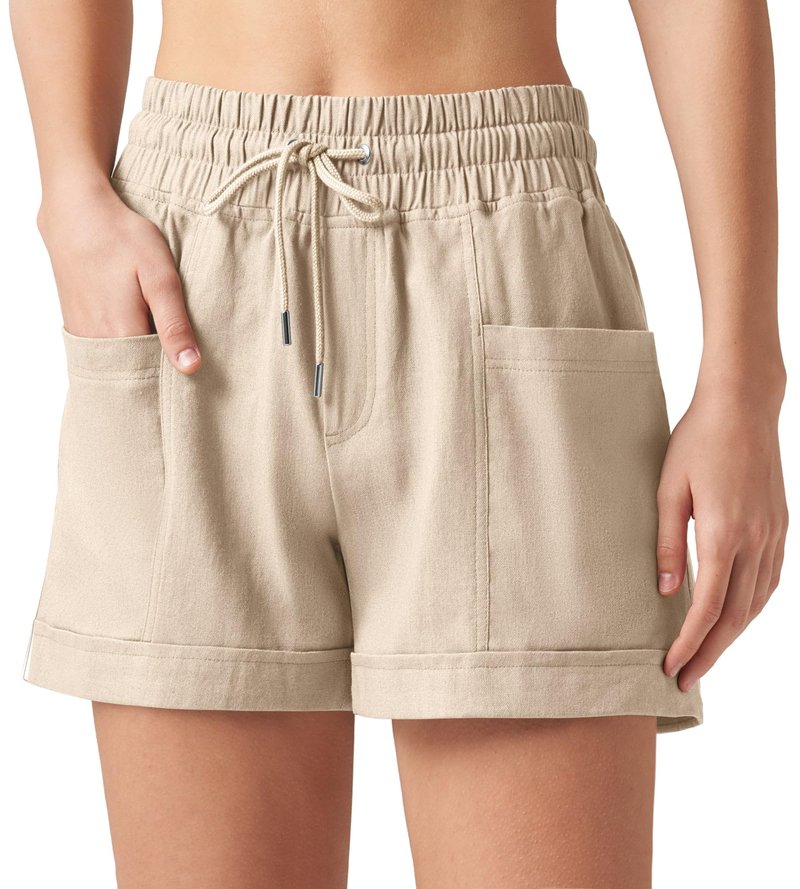 Willit Women's Linen Shorts Casual Summer Shorts High Waisted Comfy Pull On Shorts with Pockets 4" Khaki M