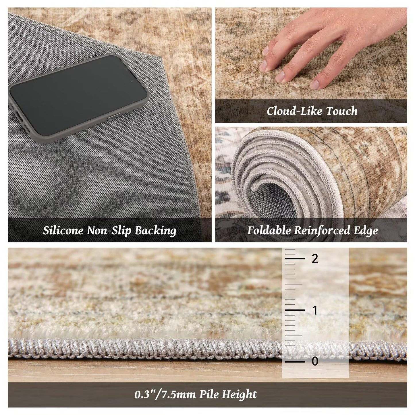Hedwior Boho Washable 5x7 Area Rugs for Living Room, Cushioned, Brown
