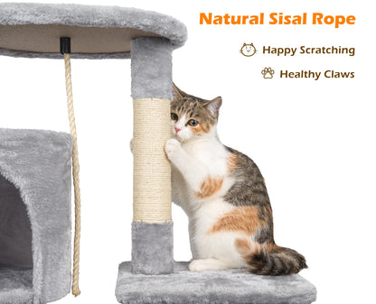 Cat Tree, 112cm Cat Scratching Post for Indoor Cats, Multi-Level Stable Cats Tower with Sisal Scratching Posts, Plush Toy Balls, Cave, Sisal Rope for Kitten Climbing, Playing, Relaxing, Grey