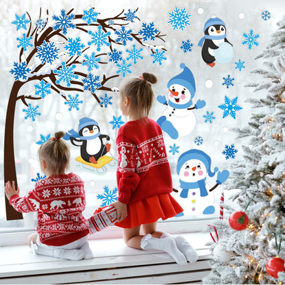 Whaline 6 Sheet Large Winter Window Clings Christmas Snowflake Tree Snowman Penguin Reusable Window Decals for Xmas Party Home Glass Decor (Blue)