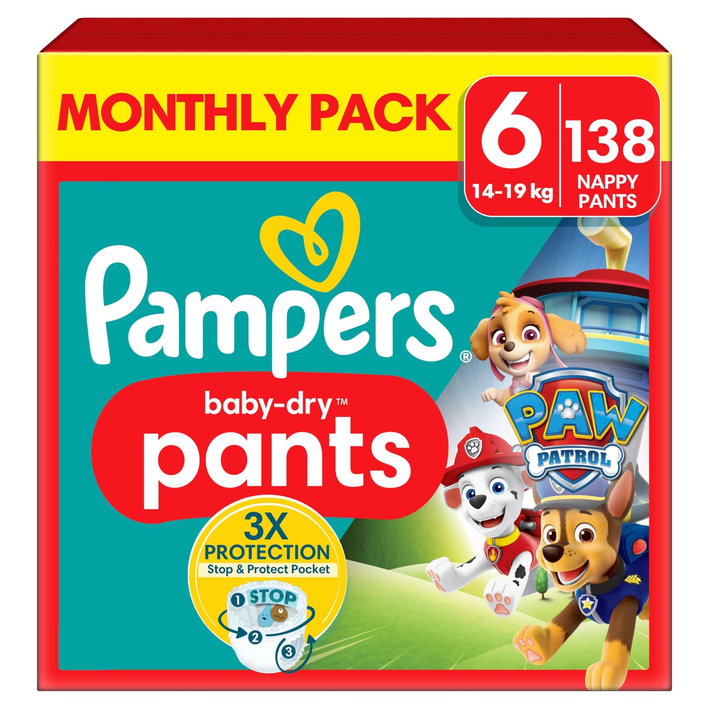 Pampers Baby-Dry Nappy Pants Paw Patrol Edition Size 6, 138 Nappies, 14kg-19kg, with Our 360° Pants Fit to Help Prevent Leaks