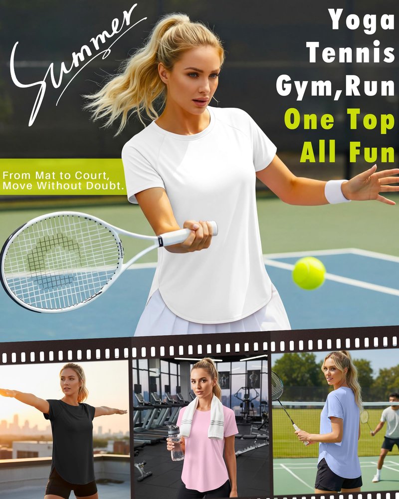 JoyMotion 4 Pack Women's Workout Shirts Quick Dry Athletic Tops Short Sleeve Loose Gym Yoga Running Tee Curved Hem Side Split(X-Large,Black, Sky Blue, Light Pink, White)