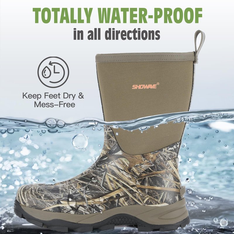 Showave Men's Mid Calf Rubber Work Boots Waterproof Insulated Rain Boots for Outdoor Mud Gardening