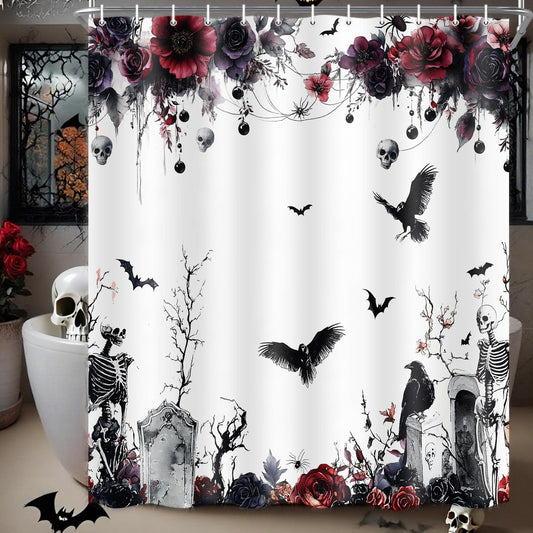DYNH Halloween Purple Gothic Shower Curtain, Vintage Halloween Horror Dark Gothic Skull Raven Bat Horror Flower Shower Curtain Set Fabric Curtain for Bathroom Decor with 12 Hooks, 72x72In