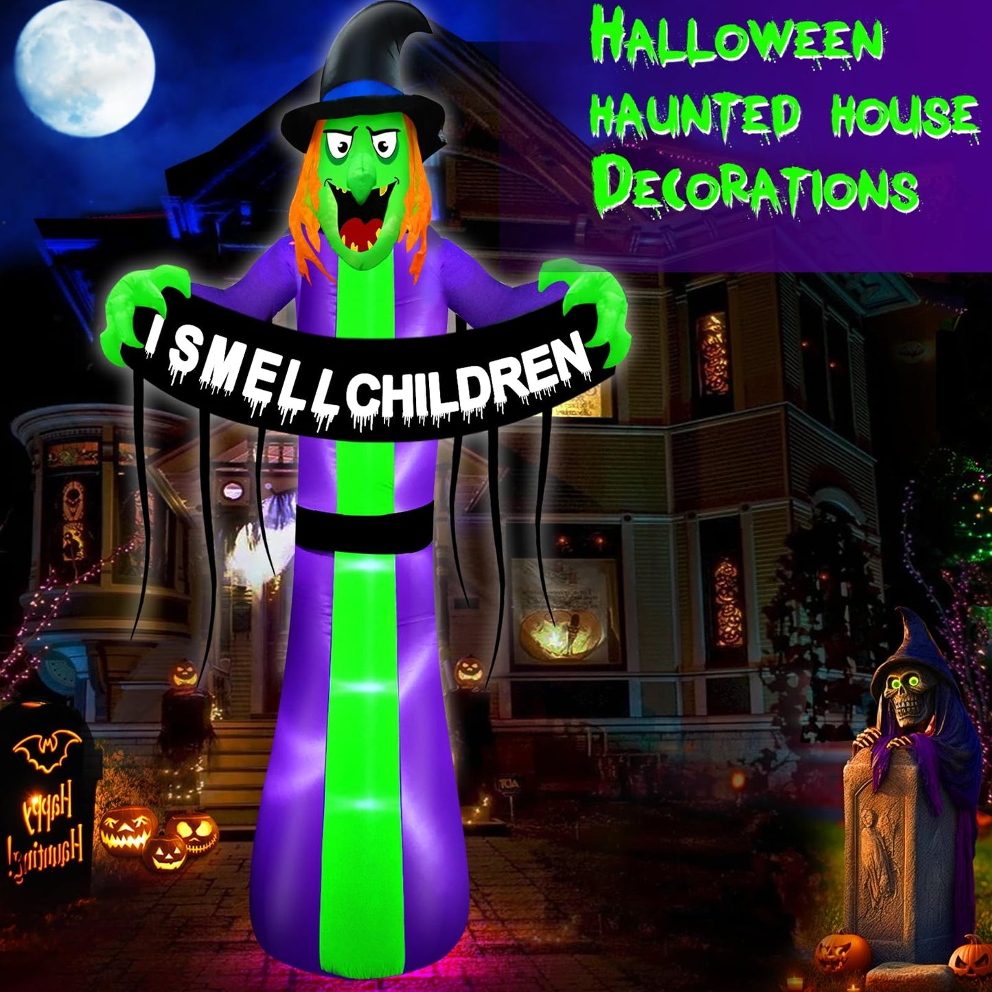 12 FT Giant Halloween Inflatables Witch Outdoor Decorations with LED Lights,Scary Witch Holds I Smell Children Banner Blow Up Halloween Decorations Outdoor Yard Garden Lawn Home with Stakes Tether