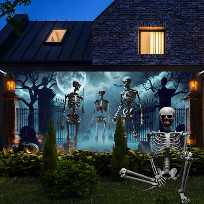 Preboun Halloween Garage Door Decorations Skeleton Halloween Hanging Garage Door Cover Banner Backdrop Mural for Home Outdoor Indoor Spooky Party Wall Window Yard, 7 x 16 ft