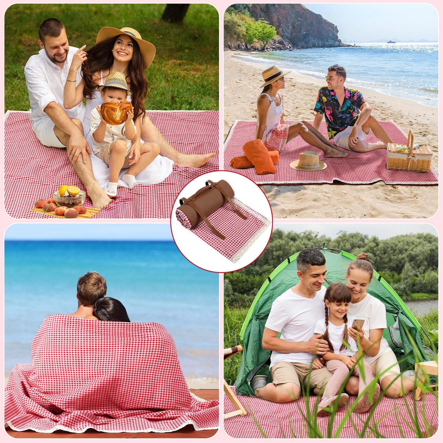 VitalCozy Waterproof Picnic Blankets 59 x 78in Outdoor Blanket Foldable 2 in 1 Double Layer Sandproof Beach Mat with Carry Strap for Camping Lawn Park Beach Grass(Red White)