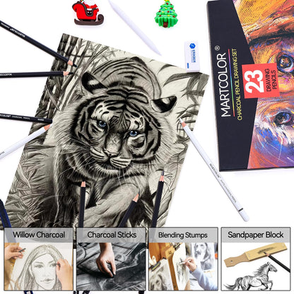 MARTCOLOR Charcoal Drawing Set, Set of 23, Graphite Pencils, Black & White Charcoal Pencils for Drawing, Sketching, Shading, Blending, Artist Pencils for Beginners & Pro Artists ﻿