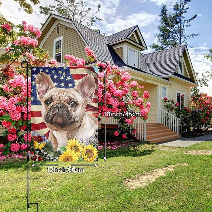 French Bulldog American Flag Patriotic Sunflower Dog Garden Flag Welcome Party Outdoor Outside Decorations Picks Home House Garden Yard Decor 12x18 Inch