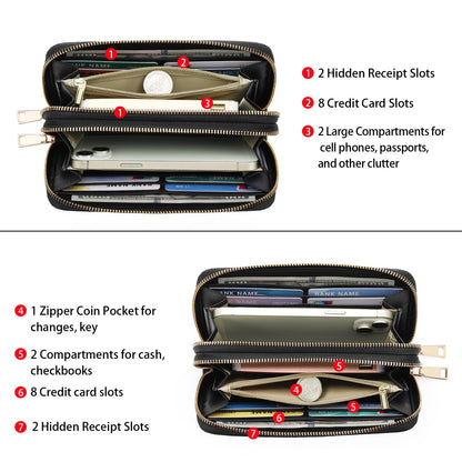 GOIACII Women's Wallet Large Capacity Double Zip Around Credit Card Holder Leather Ladies Wallet with RFID Blocking Phone Wristlet Purse Black