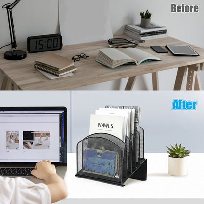 Delifox Inclined Desk File Organizer, 5-Section Vertical File Folder Holder Stand Metal Rack File Sorter for Office Classroom Desktop Organization (Black, 1Pack)