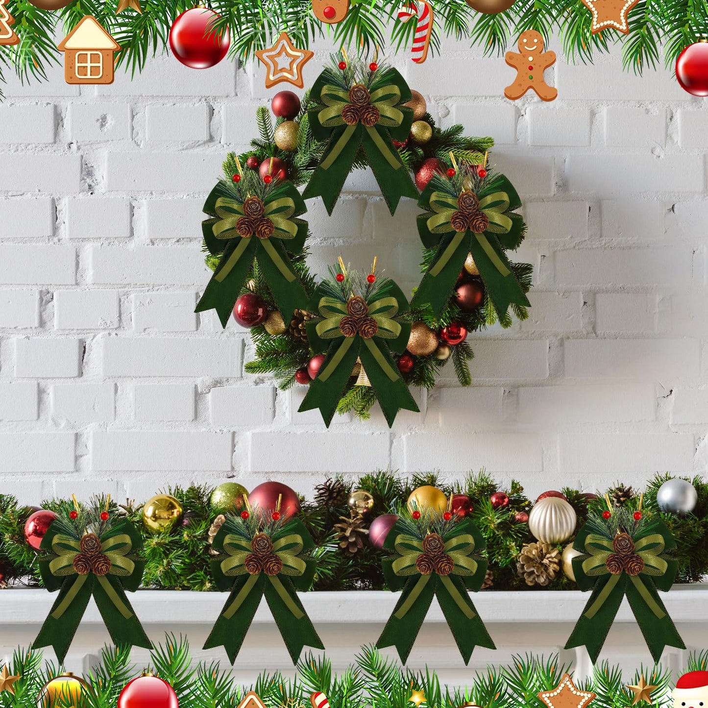 Syhood 6 Pcs Christmas Bows with Pine Cones Pine Needles Xmas Velvet Bows Sage Green Ribbon Christmas Tree Wreath Decoration for Xmas Parties Indoor Outdoor Crafts DIY Decor
