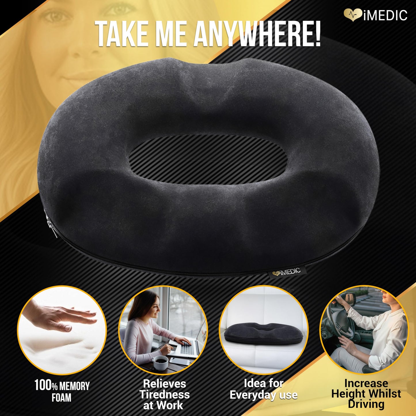 iMedic Memory Foam Donut Cushion (1 Pack) – Ergonomic Seat Cushion for Haemorrhoids, Coccyx & Postnatal Pain – Office Chair Cushion for Tailbone Relief – Orthopedic Support for Sitting Comfort