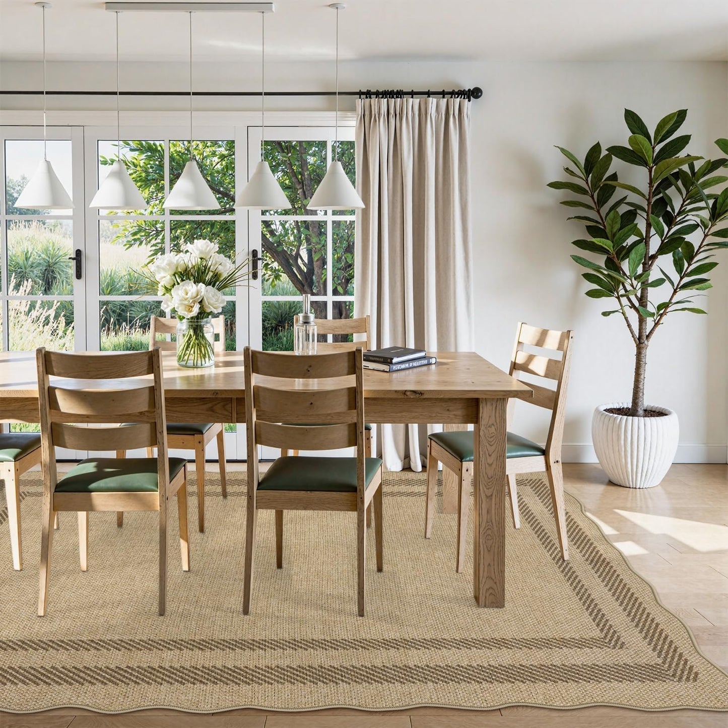 LIVEBOX Scalloped Washable 5x7 Rug, Easy Jute Tan Rugs for Living Room, Indoor Geometric Rug for Bedroom, Outdoor Farmhouse Non-Slip Rug Dining Room Mat Modern Carpet Area Rug for Patio Home Office