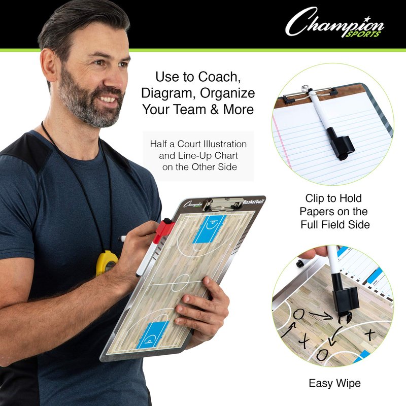 Champion Sports Dry Erase Clipboard for Coaching Basketball - Whiteboards for Strategizing, Techniques, Plays - 2-Sided Clipboards with Clip - Front Side Full Court - Backside Half Court and Lineup