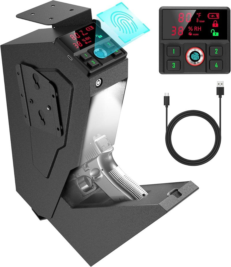 Handgun Safe - Quick-Access Mounted Nightstand Pistol Safe with Biometric Lock | Auto Open Lid, Secure Storage
