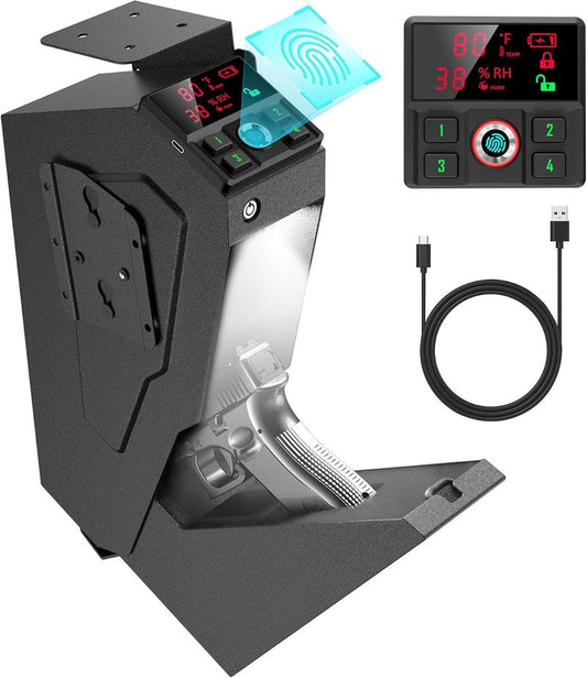 Handgun Safe - Quick-Access Mounted Nightstand Pistol Safe with Biometric Lock | Auto Open Lid, Secure Storage