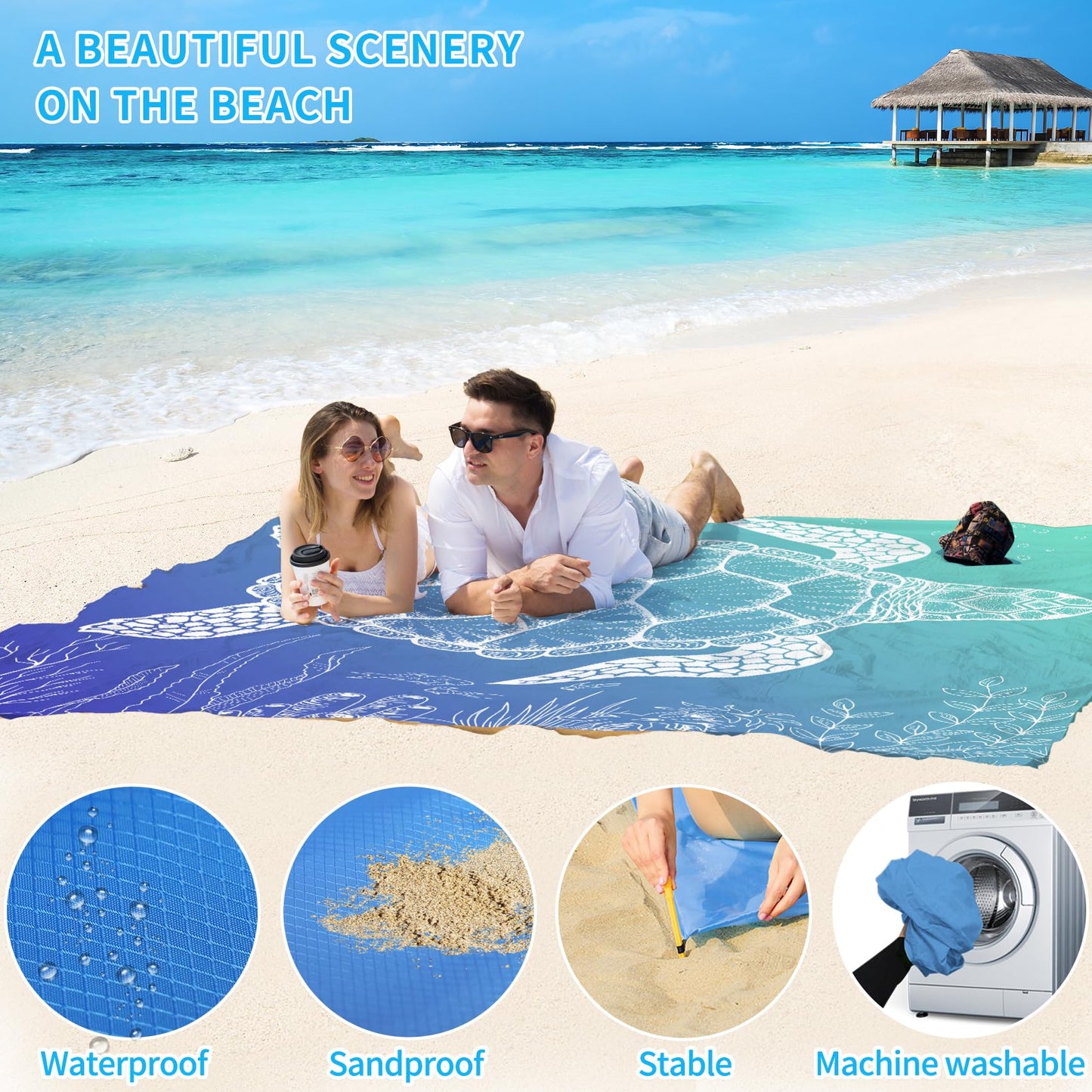 BYDOLL Beach Blanket Waterproof Sandproof 78''×81'' Suits1-4 Adults Compact Lightweight Oversized Sand-Free Blanket Large Picnic Mat for Beach Travel Camping Hiking