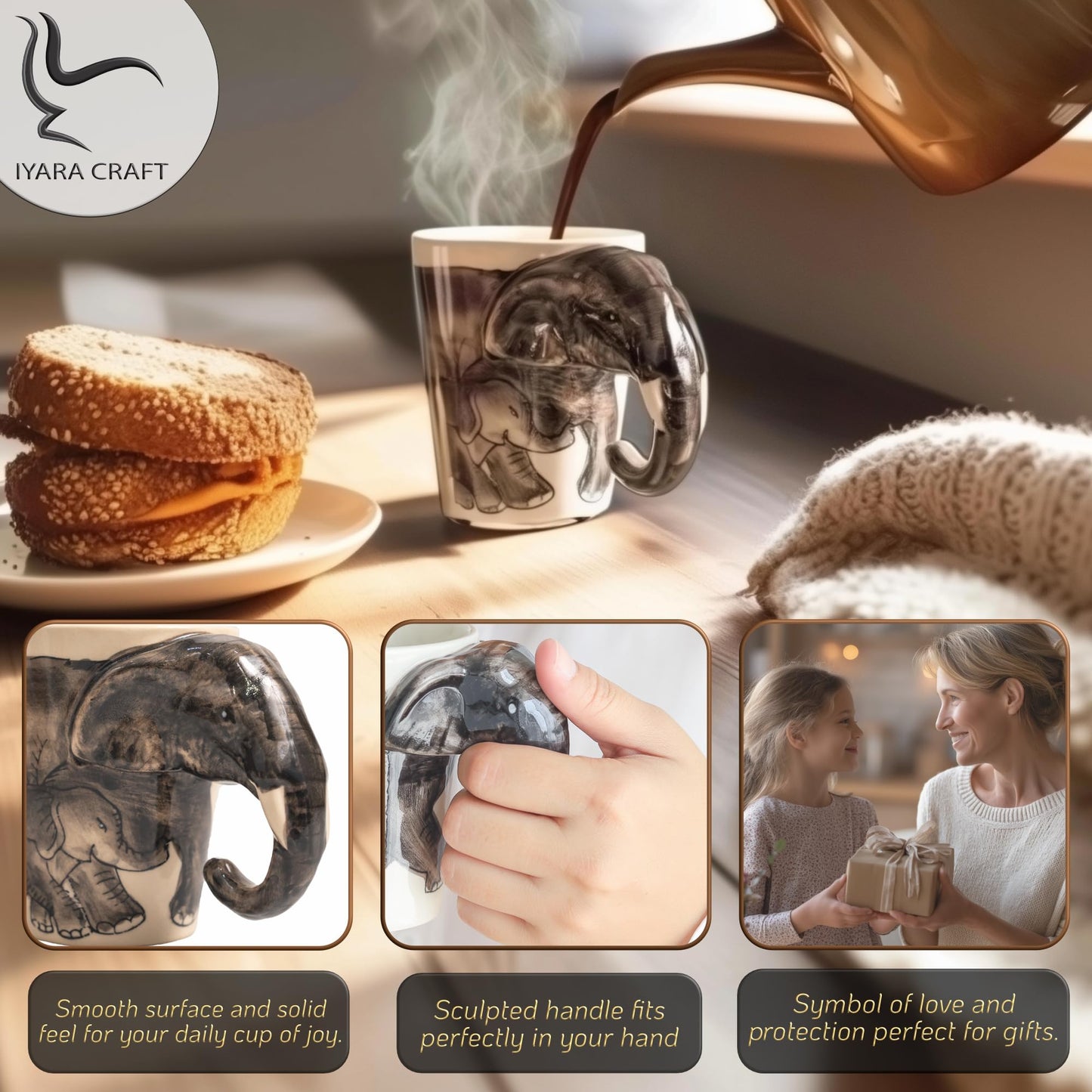 IYARA CRAFT 3D Elephant Mug 11oz – Chubby Handle Design, Handmade Ceramic, Microwave & Dishwasher Safe, Wildlife Coffee Cup, Gift for Animal Lovers, Women, Tea & Hot Chocolate