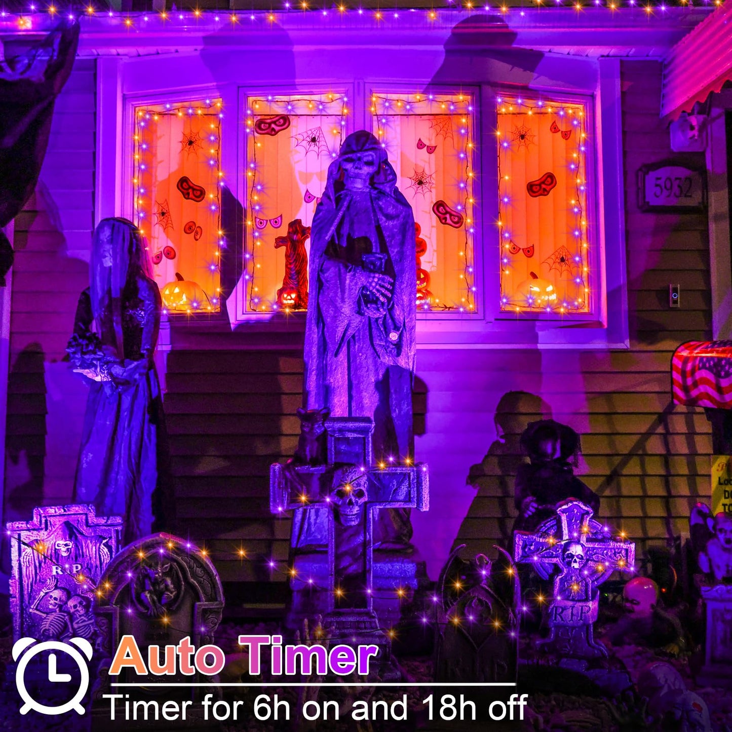 4 Pack Orange Purple Halloween String Lights Battery Operated, Each 16.4Ft 50 LED Indoor Halloween Lights with Timer 8 Modes for Party Yard Patio Decoration