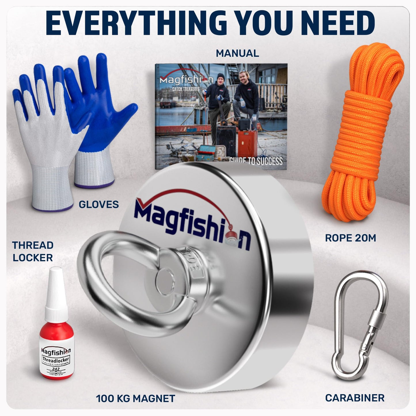 MAGFISHION Magnet Fishing Kit - 100 KG (220lb) - Ø50mm - Super Strong Neodymium Magnet with Rope (20M), Carabiner, Gloves, Threadlocker - Magnetic Fishing Magnets