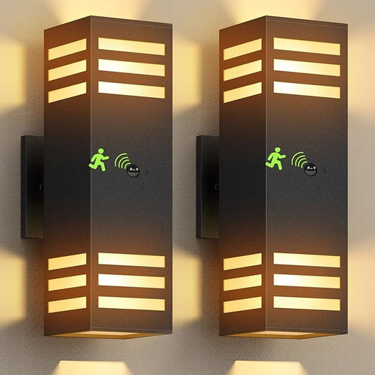 Motion Sensor Outdoor Wall Lights, Dusk to Dawn Exterior Light Fixture with 3 Modes, Waterproof Modern Dimmable Porch Light with Up Down Lighting for Patio, Garage, Front Door, Matte Black, 2Pack